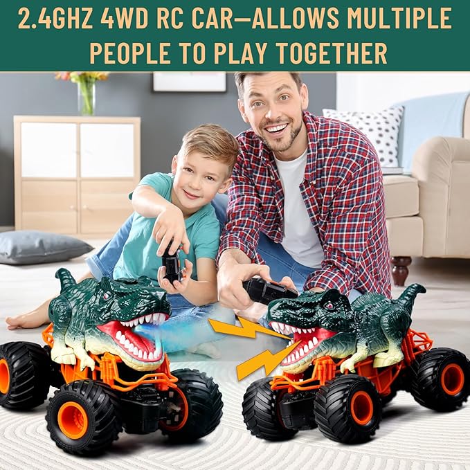 Dinosaur Monster Truck Toys - Remote Control Dinosaur Car, 2.4Ghz RC Truck with Lights, Music & Spray - Electric Hobby RC Cars for Toddlers - Birthday Gift for Kids Boys Girls Ages 2-8 (Green)