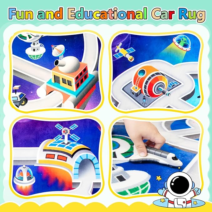 Kids Rug, Space Playmat Rugs, 4x6 Ft Playroom Carpet, Colorful Cartoon Outer Space, Planet, Rocket, Spaceship Road Rug for Playroom, Educational Learning Carpet for Kids