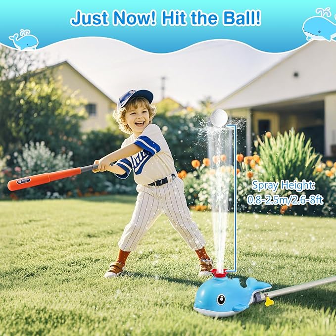 MoKo Water Sprinkler Baseball Toy for Kids Outdoor Play, 2 in 1 Baseball Water Games, 360° Rotatable Yard Sprayer Sprinkler, Toddler Outdoor Toys for Backyard Garden Lawn Pool, Sky Blue Whale