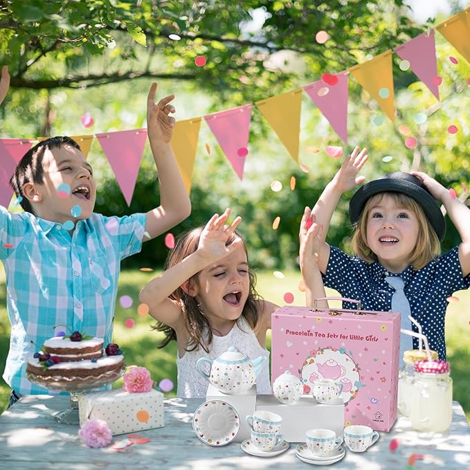 Sweejar Porcelain Tea Set for Little Girls,Kitchen Toys Tea Party Set for Kids Toddler Kitchen Pretend Toy Include Children Teapot, Cup & Saucer Set of 4, Sugar Bowl and Cream Pitcher(Sweet)