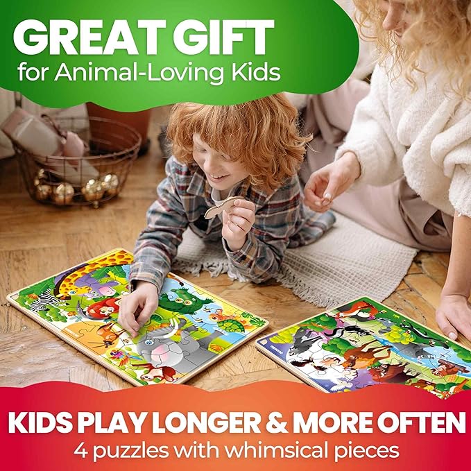 QUOKKA 4SET Puzzles for Kids Ages 4-6 - 24 Pcs Wooden Toddler Puzzles Ages 3-5 - Africa Ocean Animals Farm Learning Games for Boys and Girls 4-8 Year Olds