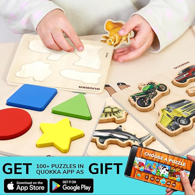 QUOKKA Wooden Puzzles for Toddlers 1-3 - 6 Toddler Peg Puzzles Ages 2-4 - Montessori Toy for Kids Ages 3-5 with Animal, Fruits, Geometric Shapes - Educational Preschool Game Gift for Childrens