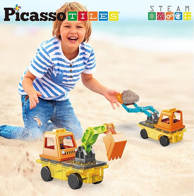 PicassoTiles Magnet Tiles Building Block 2-in-1 Excavator & Backhoe Brick Compatible Construction Playset with Car Base Magnetic Character Action Figure STEM Educational Learning Toy Kit Age 3+ PTU04