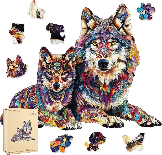 Wolf Family 500 Pieces Wooden Jigsaw Puzzles for Adults Unique Irregular Shape Fun Challenging Animal Puzzles for Kids and Couples on Birthday,Children’s Day,Christmas 16.7"*15.2"