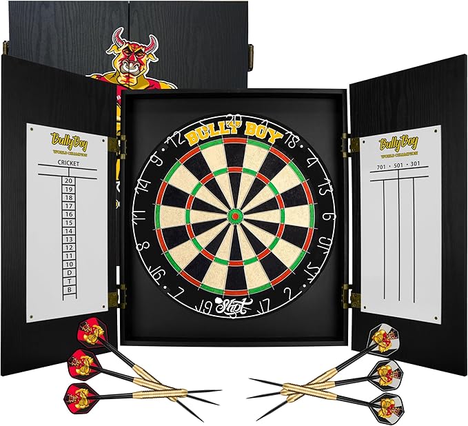Shot! - Michael Smith Bully Boy Dartboard Cabinet Set | Self-Healing Sisal | Staple-Free Bullseye | Includes 6 Steel Tip Darts | Easy Install, Black, Standard Size, Wood