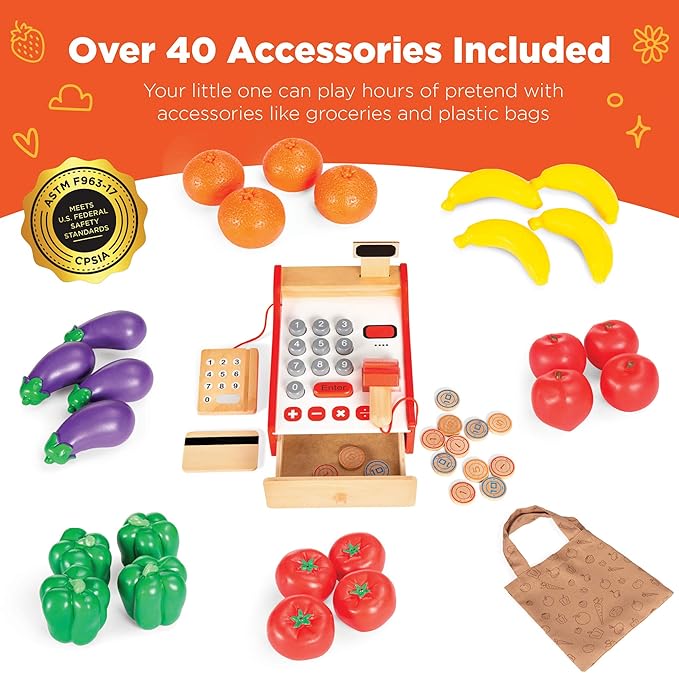 Best Choice Products Pretend Play Grocery Store Wooden Supermarket Toy Set for Kids w/Play Food, Chalkboard, Cash Register, Working Conveyor - Red