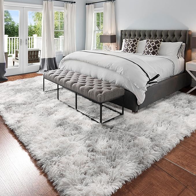 Amdrebio Tie-Dyed Light Grey Area Rug for Bedroom, Soft Shag Furry Rug 5x7 for Living Room, Fluffy Fuzzy Rugs for Kids Room Decor, Modern Shaggy Carpet for Classroom Office, Plush Indoor Rug