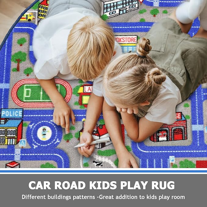 Capslpad Blue Car Road Kid Rug Carpet Playmat for Playoom Traffic Road Kids Play Mat for Toddler Non Slip Washable City Map Race Track Carpet Rug for Kids Room Bedroom Nursery Room Decor,4'x4'