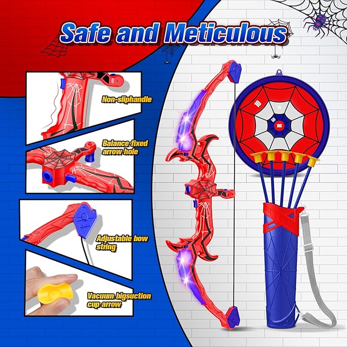 Outdoor Toys for Ages 3-5 Boys, Spider Bow and Arrow for Kids 3-7 Archery Set with LED Lights Target Toys for Boys 3 4 5 6 Bow Arrow Shooting Outdoor Games for Kids Ages 5-8 Girls Gifts