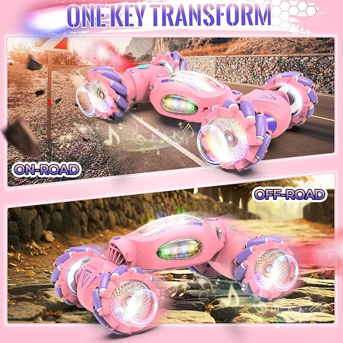 Pink Remote Control Car Toys Gifts for Girls 6-12, with Light & Music & Spray, 2.4Ghz 4WD Double-Sided 360° Rotating Gesture Sensing RC Stunt Car, Birthday for Girls Kids