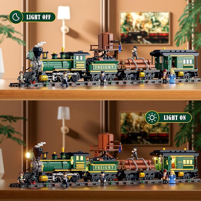 Funwhole Wild West Freight Train Lighting Building-Bricks Set - Classic 4-4-0 Locomotive Model 1524 Pcs Ideas Kit for Adult and Teens