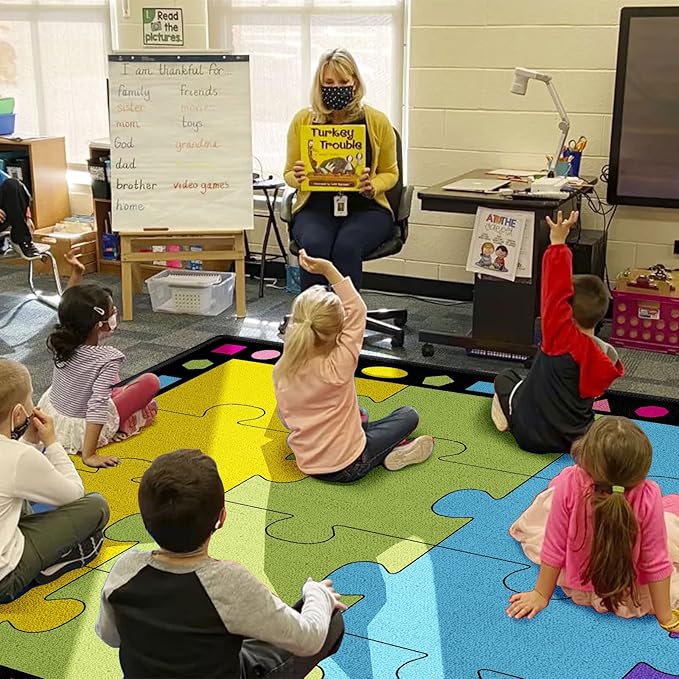 Booooom Jackson Elementary Carpet Area Rug 16 Seats Puzzle Classroom Carpet 6'5"x8'5" with Non-Slip Backing