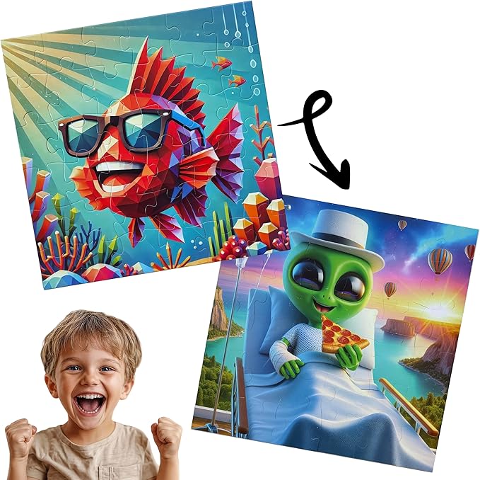 Kids Puzzle Double-Sided Jigsaw – Happy Fish & Pizza Alien – 36-Piece Toddler, Preschool, & Elementary Puzzle (Ideal for Ages 3-8) | Fun Educational Toy & Gift