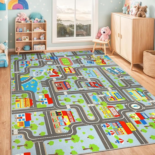 Educational Road Traffic Carpet Kids Carpet Playmat Car Rug Fun City Life Map Kids Car Rug Non Slip Play Carpet for Children Playroom Bedroom Classroom Decor (Sky Blue, 6'6''x9'8'')