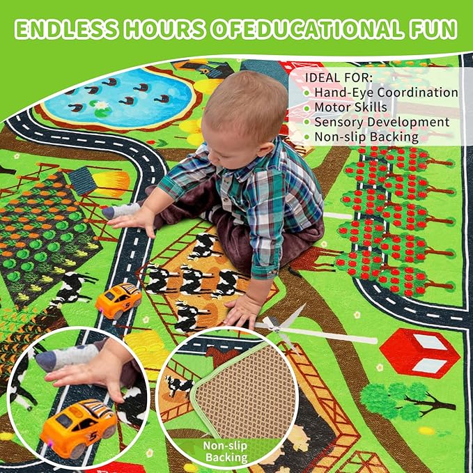 Kids Rug Play Mat for Toy Cars, 59"×78.7" Farm Life Road Traffic for Playroom Kids Car Road Rug Village Map Mat Farm Animals Washable Play Carpet for Toddlers Boys Room Family Tummy Time Playtime