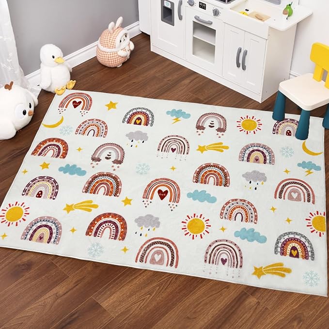 Boho Rainbow Soft Kids Play Rug, Washable Foldable Baby Crawling Floor Mat, Non Slip Nursery Area Rug for Children Living Room Playroom Classroom Bathroom Bedroom Kids Room Decor