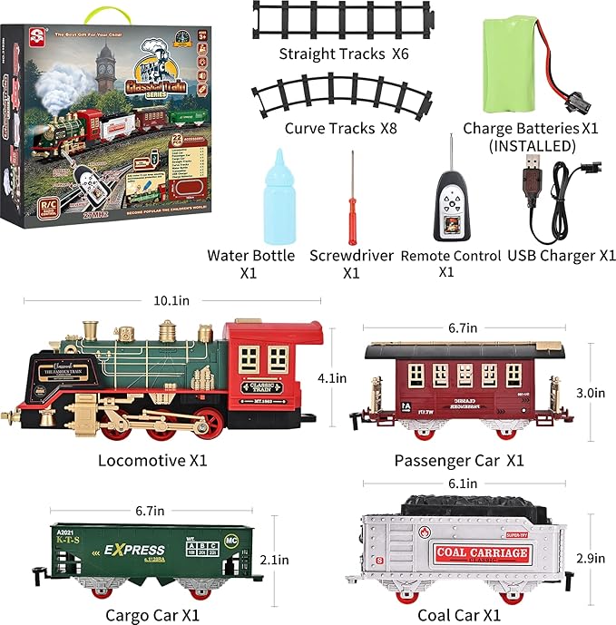 FANL Train Set with Remote Control - Christmas Train Toys - Steam Locomotive Engine, Cargo Car and Train Tracks - Rechargeable Electric Train Toy Gift Toys for Age 3 4 5 6 + Kids.