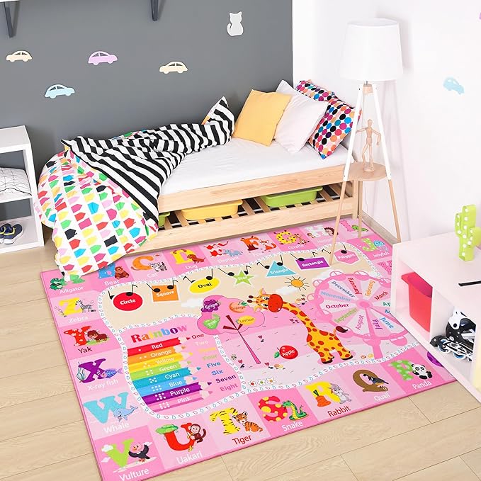 Chicrug Educational Kid Area Rug for Playroom, 7x10 Feet TPR Non Slip Kids Classroom Carpet Rug for Learning ABC Animal,Shape Color Fruit, Washable Play Mat Rug for Children Nursery Toddler Room Decor