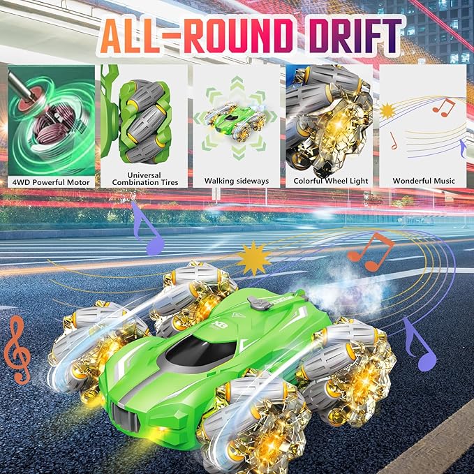 Remote Control Car, 10-in-1 Functions 2.4GHz Clectric Racing Stunt Car, Double-Sided 360°Rrolling Rotation, Spray Music 4WD High-Speed Off-Road Suitable for 6 7 8-12 Years Old boy Toys (Green)