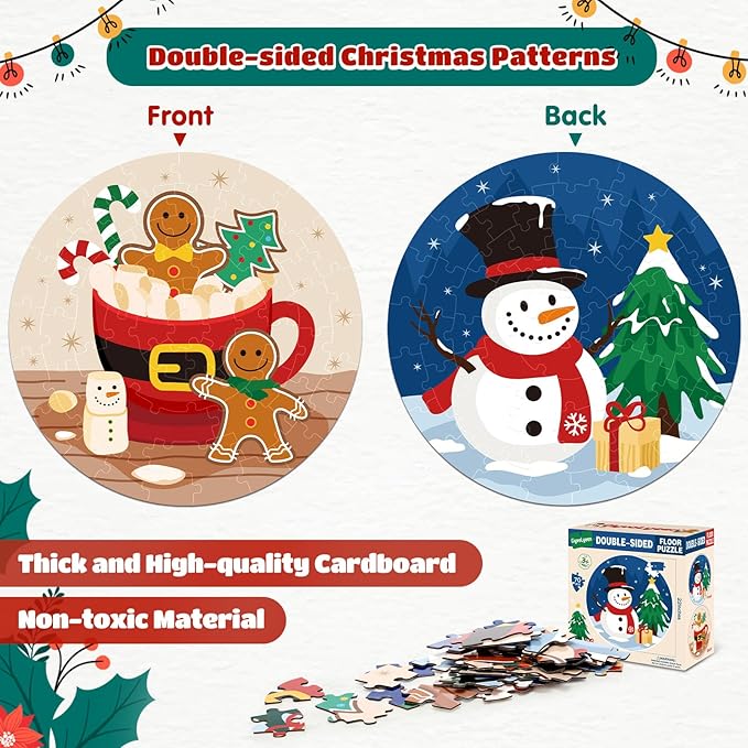 CiyvoLyeen Christmas Floor Puzzles for Kids Ages 3 4 5 6 7 8 Jigsaw Puzzles Penguin and Gingerbread Man Double Sided Large Round Puzzle Gifts Presents for Kids Children Toddler 22" 70 Pieces