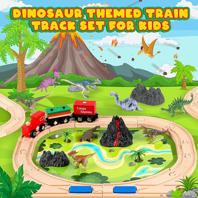 Wooden Train Set for Toddlers & Kids, 72Pcs Wooden Train Track with Crane, Expandable Toys Train Set for 3 4 5 6 7 Years Old Boys & Girls Christmas Birthday Gifts - Fits All Major Brands Railway Set