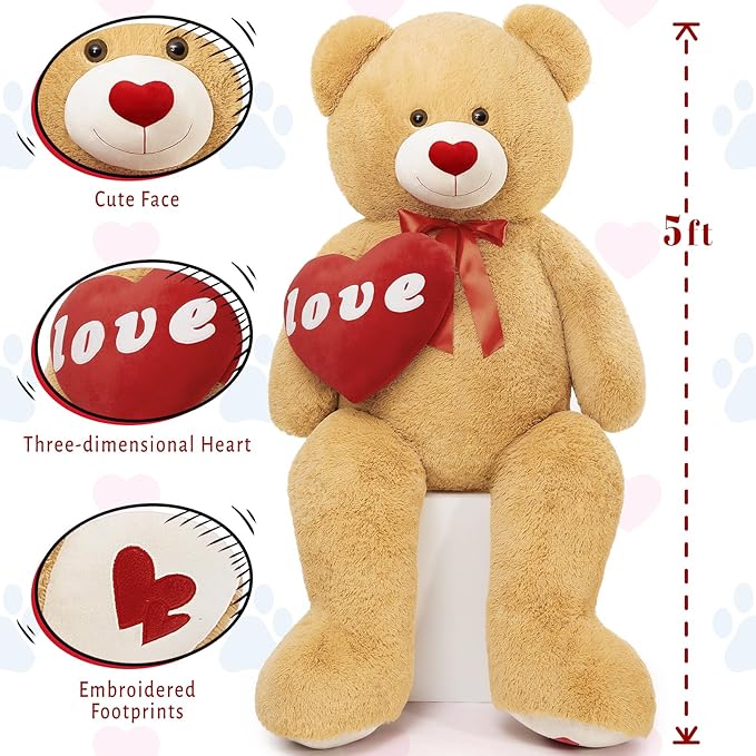 MorisMos Love Heart Giant Teddy Bear 5FT, Red Heart Large Bear Plush for Girlfriend Valentine 5 Foot Stuffed Animal Gift for Boyfriend Kids, 59inch