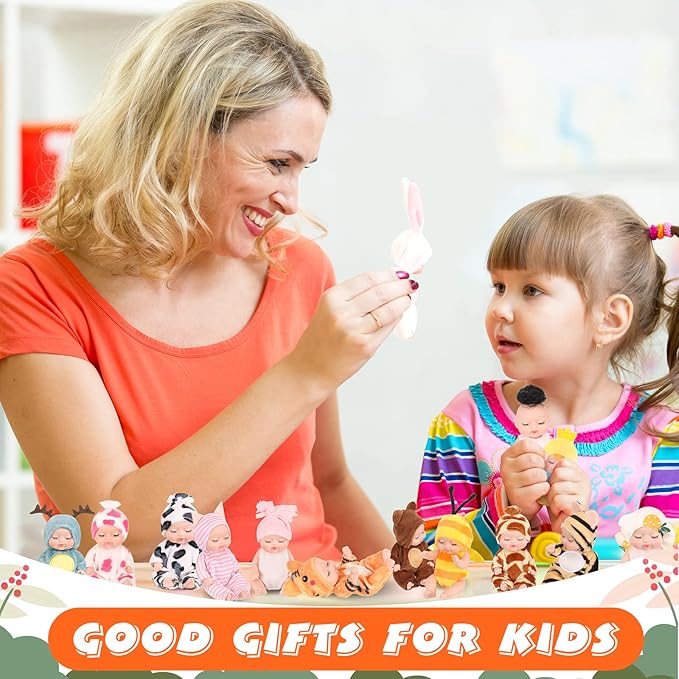 16 Pcs 4 Inch Mini Reborn Baby Dolls Lifelike Realistic Tiny Baby Doll with Animal Clothes Cute Infant Figurine Gifts Set for Teens Girls Boys Toddlers Kids 3+ Birthday Gifts Big Fillers