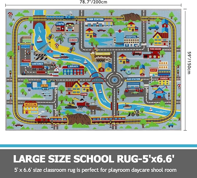 Capslpad Kids Rug 6'6" x 5'0" Educational Learning Kids Play Area Rug Large Traffic Road Cars Rug Play Mat for Kid Toy Nursery Rug Kid Car Carpet for Playroom Living Room Classroom Decor, Sky Blue