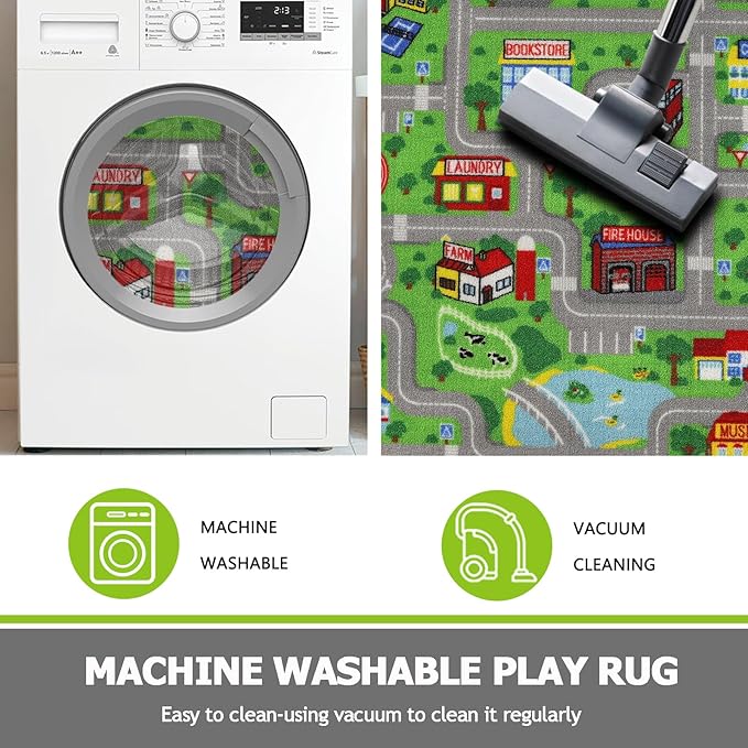 Capslpad Green Car Road Kid Rug Carpet Playmat for Playoom Traffic Road Kids Play Mat for Toddler Non Slip Washable City Map Race Track Carpet Rug for Kids Room Bedroom Nursery Room Decor,4'x4'