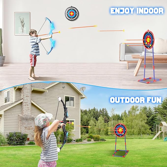 2 Pack Kids Bow and Arrow, 20 Suction Cup Arrows, 2 Archery Targets&Quiver, Light-up Set for 4 5 6 7 8 9 10 11 12 Year Old, Indoor Outdoor Toys for Ages 5-7 8-13 Boys Girls(Black & Blue)