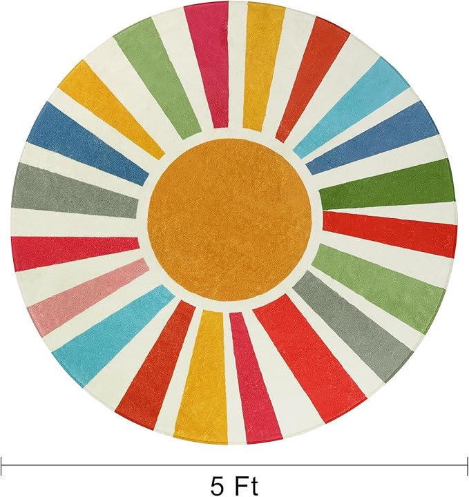 STARUIA Boho Washable Rug 5 Ft Round Area Rug for Bedroom, Rainbow Circle Kids Rugs for Office, Non-Slip Circluar Carpet Soft Sunshine Rugs for Dorm Nursery Sofa Living Room Corner
