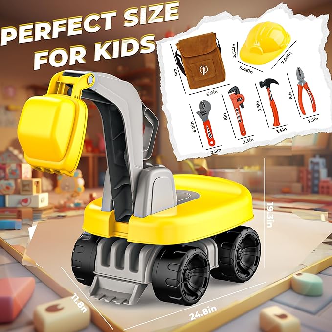 BELLOCHIDDO Ride-On Excavator Toy with Safety Helmet & Tool Kit - Toddler Beach Toy Sand Play Set Kids Excavator, Pretend Construction Set with Tools, Outdoor Learning Toys for Boys Girls