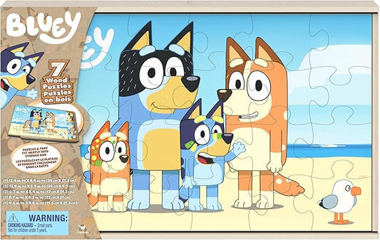 Spin Master Games, Bluey Puzzles 7-Pack, Wooden Jigsaw Puzzles for Preschoolers, 12, 16, & 24 Pieces, Storage Tray, Bluey Toys, Easter Basket Stuffers, for Ages 4 & Up