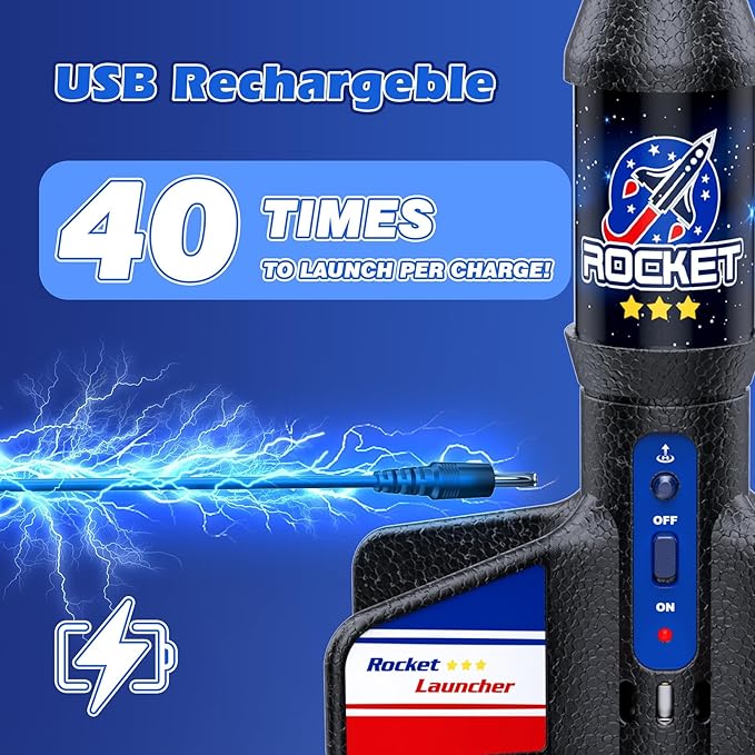 Rocket Launcher for Kids Automatic Launch 200 Feet Air Rocket Toy for Boy 10 Years Old Motorized Air Rocket with Safety Parachute and LED Outdoor Rocket Kits Toys Gifts for Kids Age 5-12