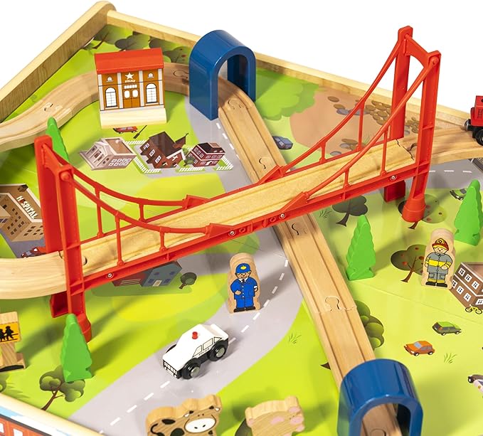 50 Piece Wooden Train Set with Activity Table & Storage Bin - 100% Hardwood Track, Engine, Oil Tanker, Caboose, Fire Engine, Station, Policeman, Farm Animals. Compatible with All Major Brands