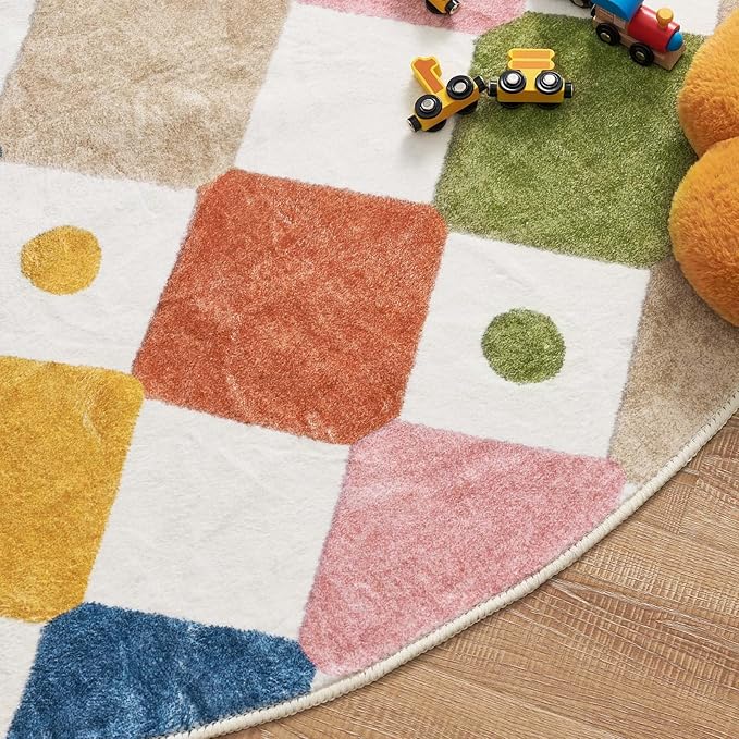 jinchan Round Rug 5ft Kids Washable Rug Colorful Trellis Indoor Floor Cover Non Slip Soft Modern Living Room Diamond Carpet for Nursery Room Bedroom Playroom Circus on Cream