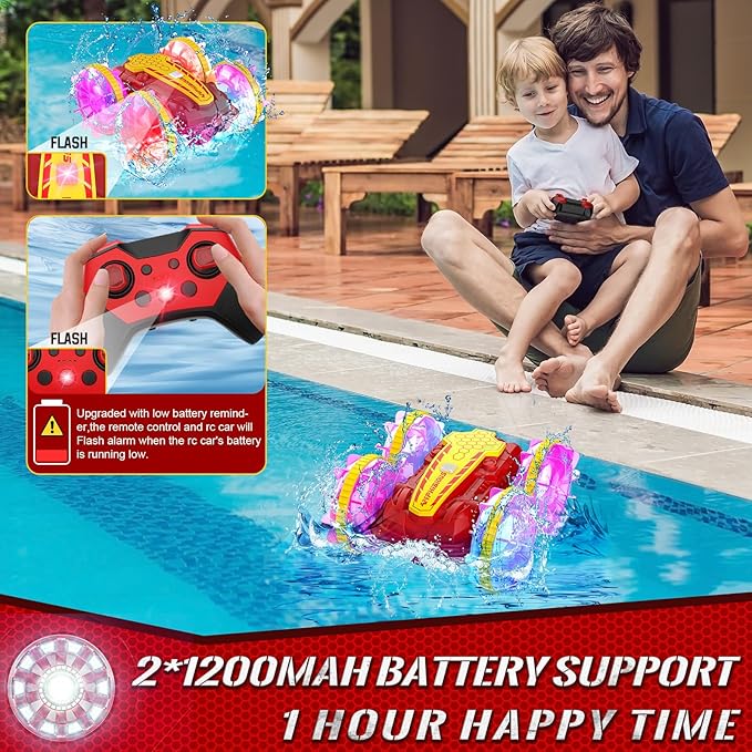Amphibious RC Car with Lights for Kids 6-12 Year Old Gesture Sensor RC Stunt Cars Boat 4WD 2.4GHz Waterproof Hand Controlled Remote Control Car 360° Rotating Water Beach Pool Toys Gift for Boys Girls