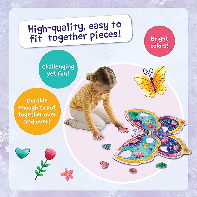 Peaceable Kingdom Shimmery Butterfly Floor Puzzle – 53-Piece Giant Floor Puzzle for Kids Ages 5 & up – Fun-Shaped Puzzle Pieces – Great for Classrooms