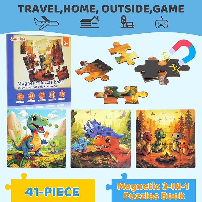 Dinosaur Puzzles for Kids Ages 3-5 41 Pieces Dinosaur Puzzles for 3 4 5 6 Year Old Travel Jigsaw Puzzle Airplane Car Road Trip Activities Games Toys Kids Gift