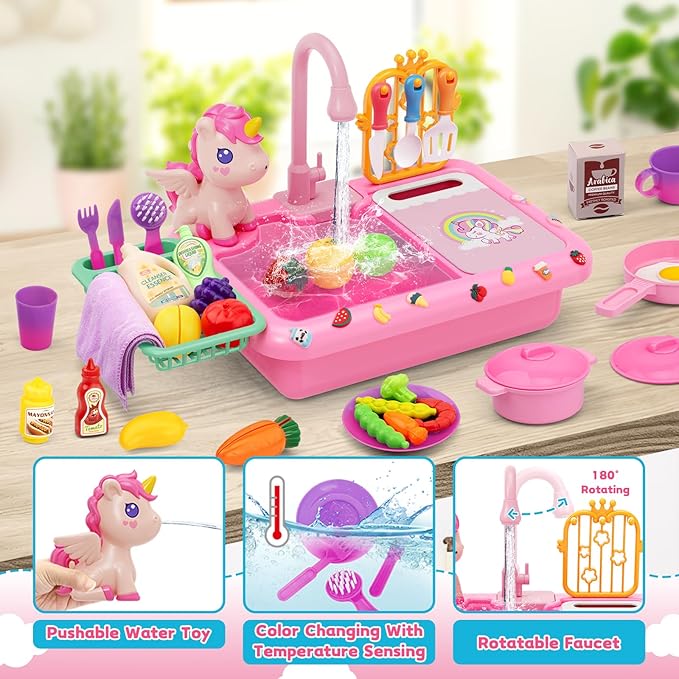 deAO Play Kitchen Sink Toys,Kids Electric Dishwasher Play Sink with Running Water, Play Kitchen Accessories,Real Faucet for Water Play, Pretend Play for Toddlers 3+,Pink