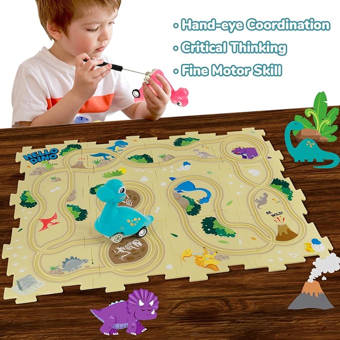 Puzzle Racer Kids Car Track Set with 2 Dino Cars, Kids Toys for 3-5 Year Old Boys, Montessori Toys for 3+ Year Old