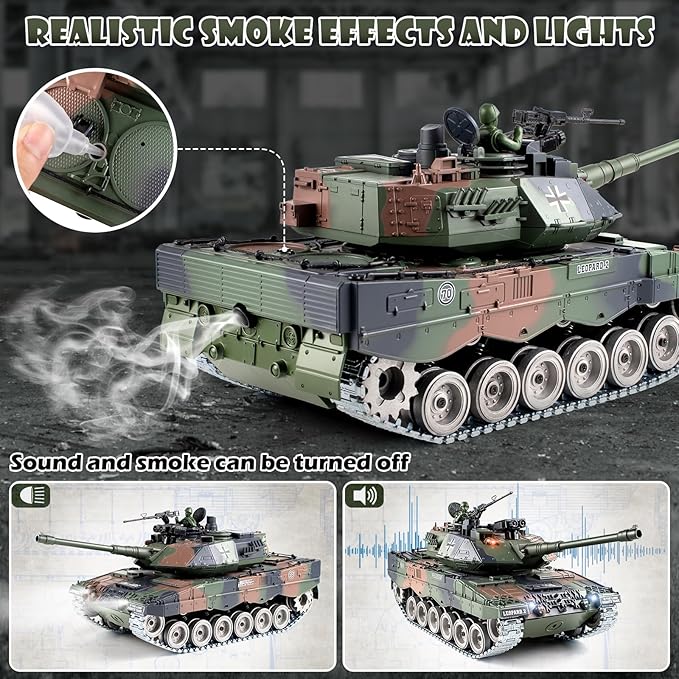 1:18 RC Tank, 2.4Ghz Metal German Leopard II Remote Control Model Toys, RC Vehicle Military Tank That Shoots BBS and Water Bombs, Army Toy for Adults and Kids with Smoke, Lights, Sound, Recoil