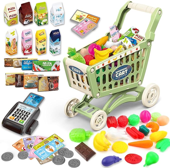 deAO Kids Shopping Cart Trolley for Groceries Toddlers 65 Food Fruit Vegetables Pretend Play Food Role Play Educational Toy Play Kitchen Toys Store Playset (Green)