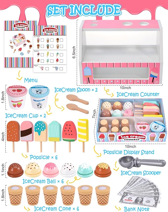 Wooden Ice Cream Toys Kids Kitchen Play Store for Toddlers Girls, Play Kitchen Accessories with Scoop & Menu & Fake Money, Wooden Toys for 3 4 5 Year Old Girls Boys Birthday