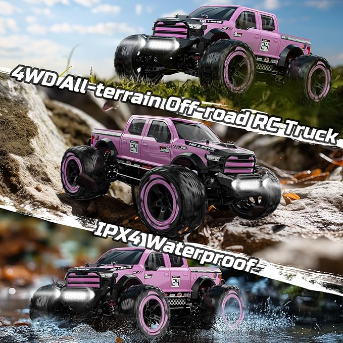 DEERC 1:10 Fast RC Cars for Adults, 4X4 High Speed RC Truck Crawler, 48+KM/H, Pink All Terrain Hobby Remote Control Monster Truck with 2 Modular Batteries, Toy Vehicle Gift for Kids