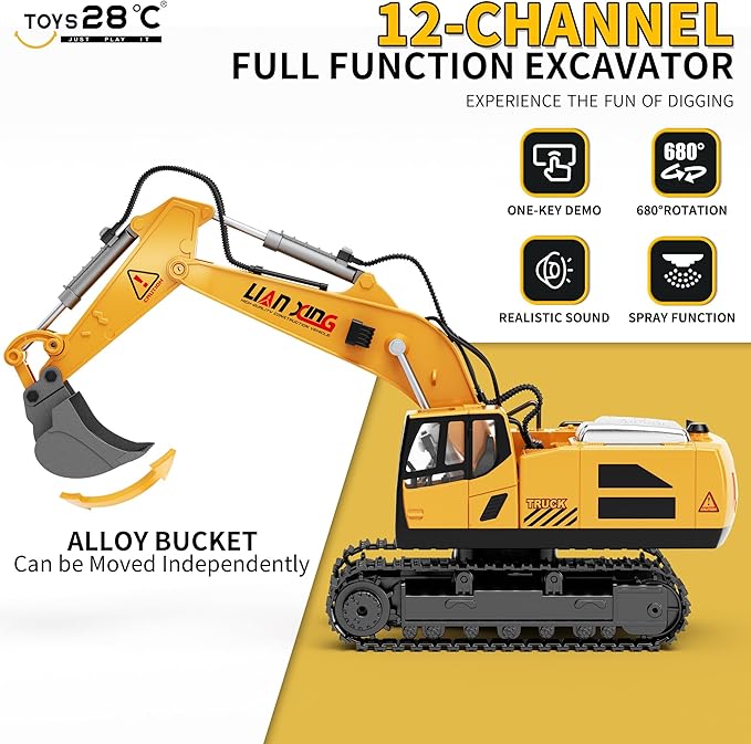 Remote Control Excavator, 12 Channel RC Excavator Construction Toys for Boy with Light&Sounds&Shovel, 680-degree Turn RC Digger Christmas Birthday Gifts for Boys Girls Kids Age 6 7 8-12 Year Old
