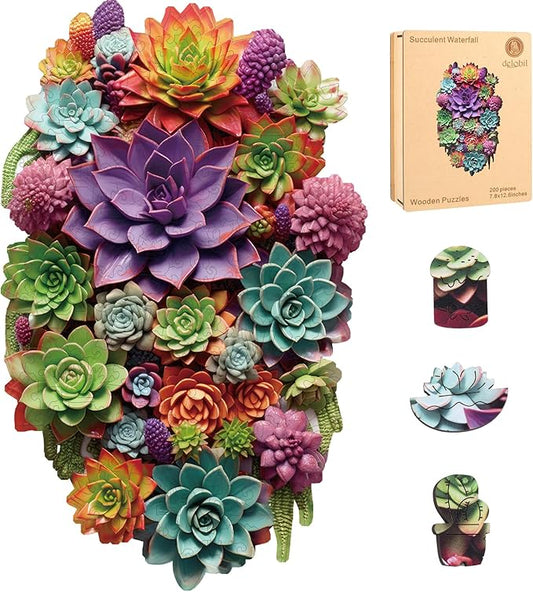 Succulent Waterfall Wooden Puzzles, 1000 Pieces Jigsaw Puzzles 28.1'' x17.3'', Unique Design Liberty Wooden Puzzles for Adults and Kids, Family Game Gift Medium Size
