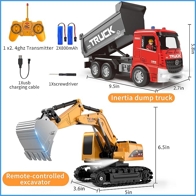 Remote Control Excavator and Dump Truck Toy Set - RC Construction Vehicles Toy with Lights and Sounds, Present for Toddlers 6-12 Year Boys Girls