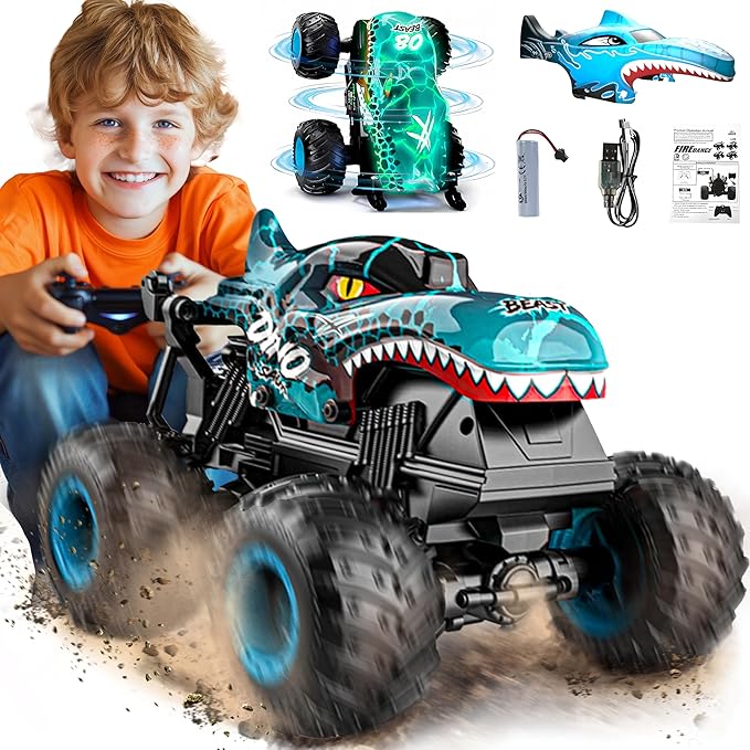 BEZGAR Monster Truck Toys - Remote Control Monster Trucks with Light & Music, Dinosaur Toys for Kids, 1:20 Scale RC Truck with 360° Spins and Drifting, Remote Control Car for Boys with Two Car Shells