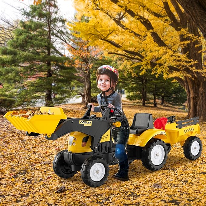 Olakids Kids Ride on Excavator, Pedal Digger Car Bulldozer with Manual Control Bucket, Detachable Cargo Trailer, Shovel, Rake, 6 Wheels, Horn, Construction Tractor for Toddlers 3+